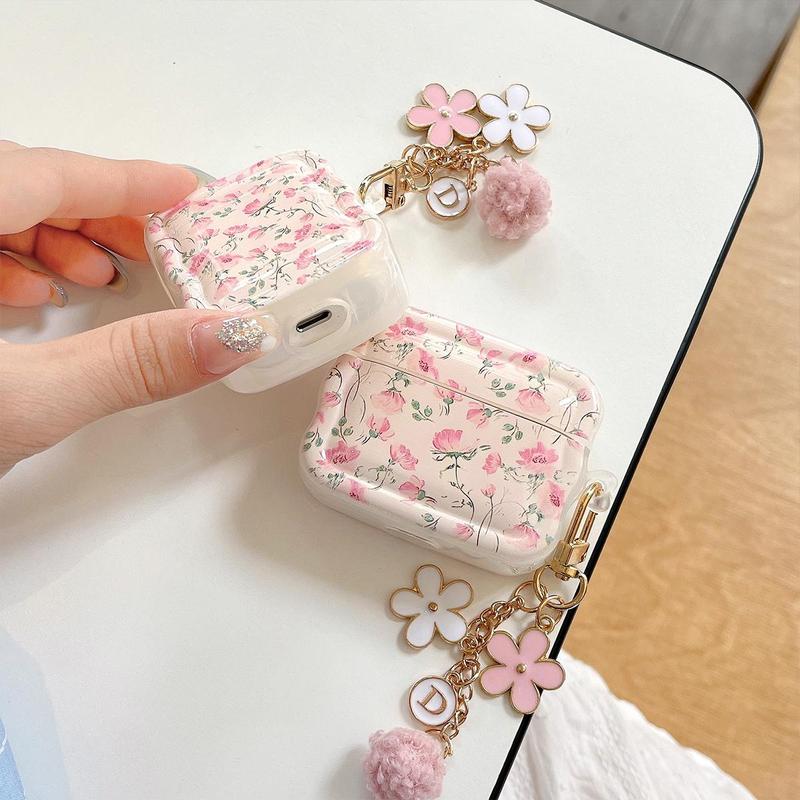 Floral Pattern Earphone Case with Keychain, 1 Count Anti-fall Soft TPU Earphone Protective Cover, Earphone Accessories Compatible with AirPods