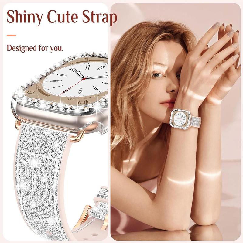 Rhinestone Decor Watch Band & Watch Case Set, 2 Counts set Adjustable Watch Band & Watch Case Compatible with Apple Watch Series SE 9 8 7 6 5 4 3 2 1, Fashion Watch Accessories for Women & Men