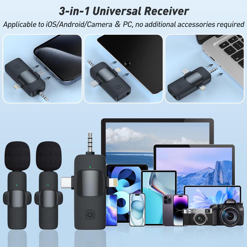 3 in 1 Wireless Lavalier Microphone for iPhone, iPad, Android,Wireless Lavalier Microphone, Mini Microphone, Noise Canceling Lapel Mic for Interview Video Podcast Vlog YouTube