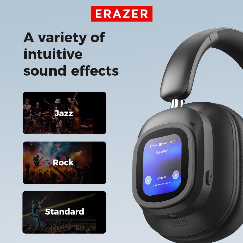 ERAZER TH10 ANC Noise Cancellation Wireless Bluetooth Headphones Touch Screen Headset HIFI Stereo Full-Color Display Multifunctional Earbuds Foldable with Built-in Microphone