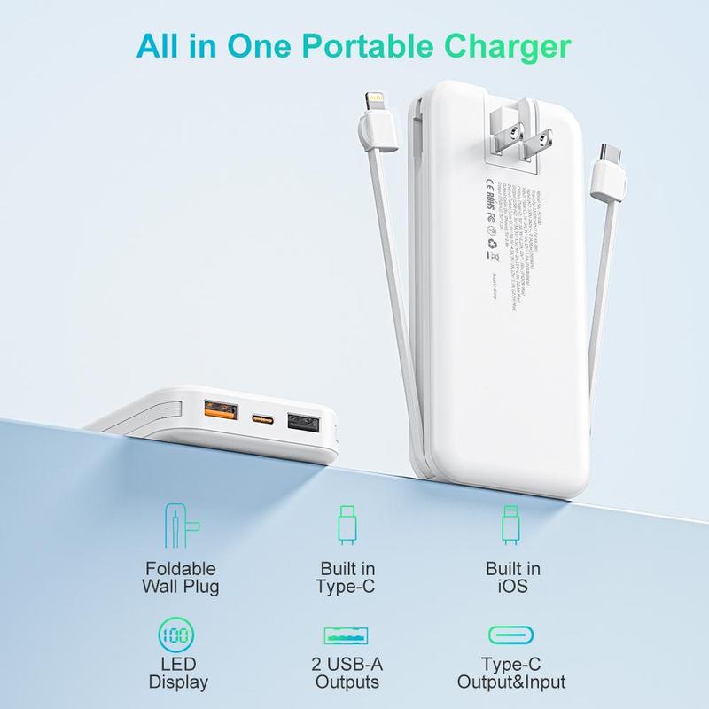 12000mAh Cell Phone Power Bank with Built-in 2 Self-cables, 1 Count SCP22.5W PD20W Fast Charging Power Bank For Cellphone Multicharger with Type-C Output Input & LED Digital Display Screen, Wireless Power Bank For Phone, Stocking Fillers Gift, Men Gifts