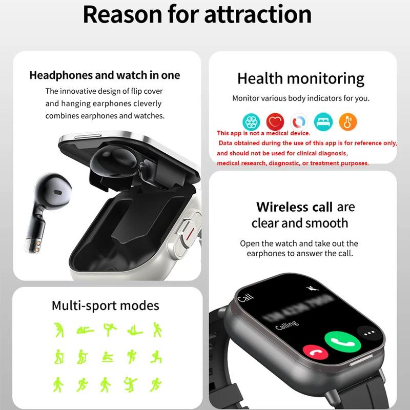 New Smart Watch Men 2 in 1 With Earbuds Heart Rate GPS Track TWS Bluetooth Earphone Monitor Play Music Sport Fitness Smartwatch