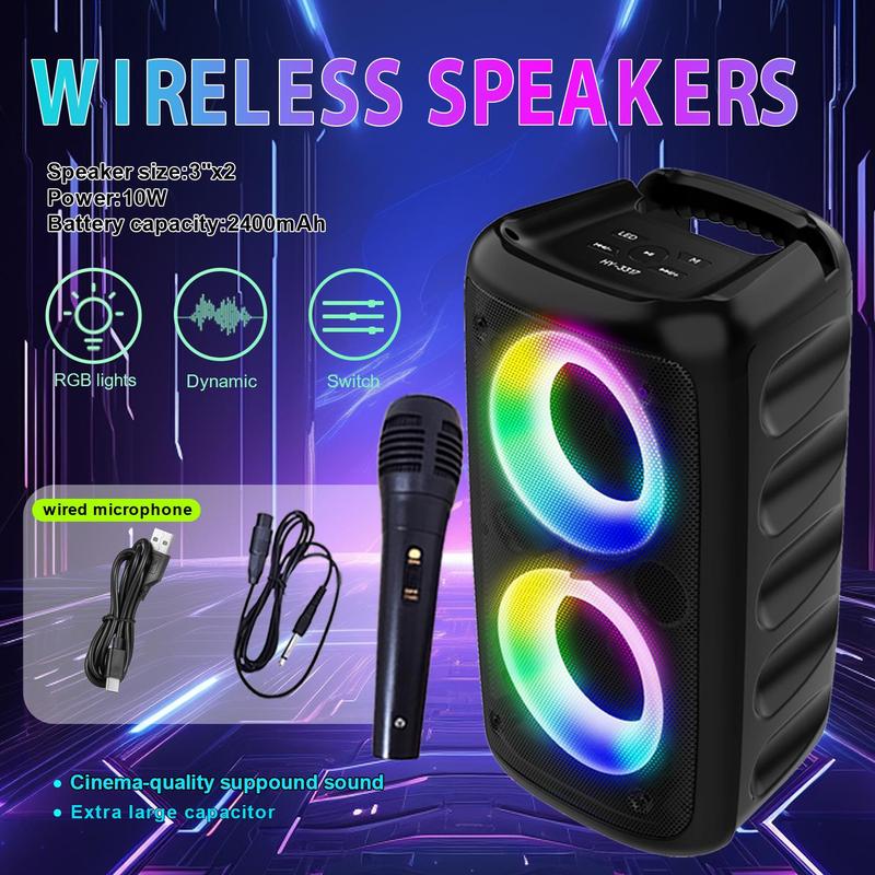 Portable Wireless Speaker with Microphone, Rechargeable Stereo Sound Sub Woofer Speaker with RGB Colorful LED Lights, Karaoke Machine Sound System