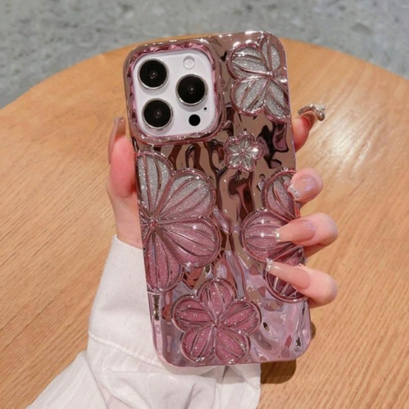 Glitter Decor Flower Design Electroplating Phone Case, Shockproof Phone Protective Cover, Fashion Phone Accessories for iPhone 11 12 13 14 15 Series