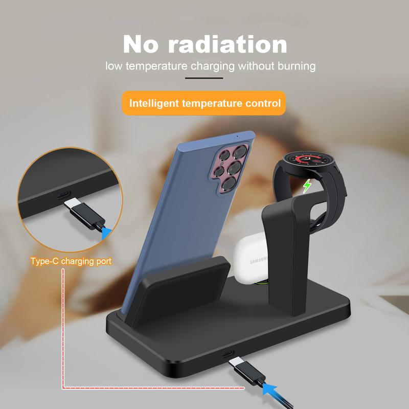 Wireless Charger Station for Samsung, 3 in 1 Fast Wireless Charging Stand for Samsung Galaxy S24 S24 Ultra S24+ S23 Ultra Galaxy Watch Galaxy Buds Smartphone Cellphone