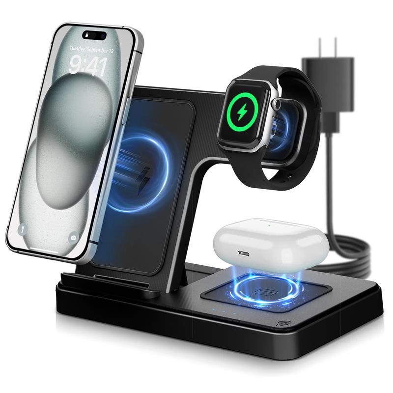 Portable 3 In 1 Fast Wireless Charger station, 18W Magnetic Folding Wireless Charging stand Station Suitable For iPhone 15 14 Pro Max 13 12 11, For i Watch 9 8 7 6 5 4 3 2Se, For Air Pods 3 2 Multiple Devices Wireless chargers christmas 2024 ornament