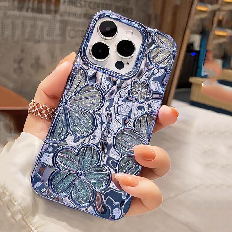 Glitter Decor Flower Design Electroplating Phone Case, Shockproof Phone Protective Cover, Fashion Phone Accessories for iPhone 11 12 13 14 15 Series