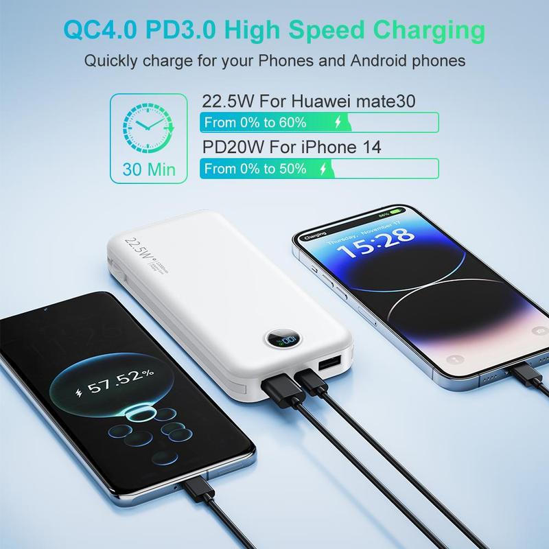 12000mAh Cell Phone Power Bank with Built-in 2 Self-cables, 1 Count SCP22.5W PD20W Fast Charging Power Bank For Cellphone Multicharger with Type-C Output Input & LED Digital Display Screen, Wireless Power Bank For Phone, Stocking Fillers Gift, Men Gifts