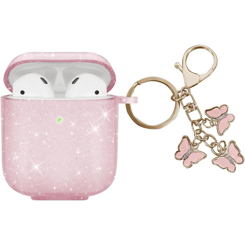 Compatible with AirPods Case Cover, Soft TPU Case for AirPods 2&1 Generation Case with Cute Butterfly Keychain for Girls Women (Glitter Pink)