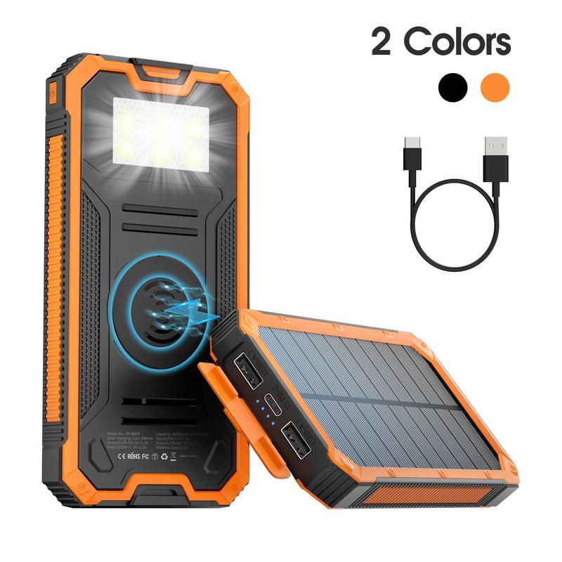 20000mAh Wireless Solar Powered Phone Charger, Waterproof Power Bank with Dual USB Port, Power Bank with LED Flashlight for iPhone Smartphones Tablet