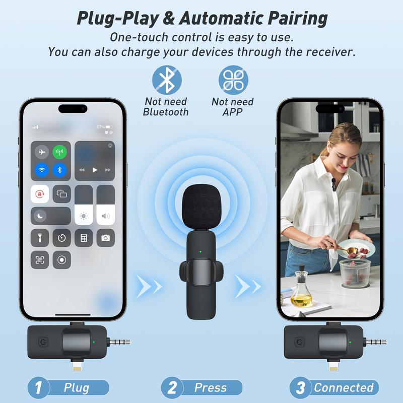 3 in 1 Wireless Lavalier Microphone for iPhone, iPad, Android,Wireless Lavalier Microphone, Mini Microphone, Noise Canceling Lapel Mic for Interview Video Podcast Vlog YouTube