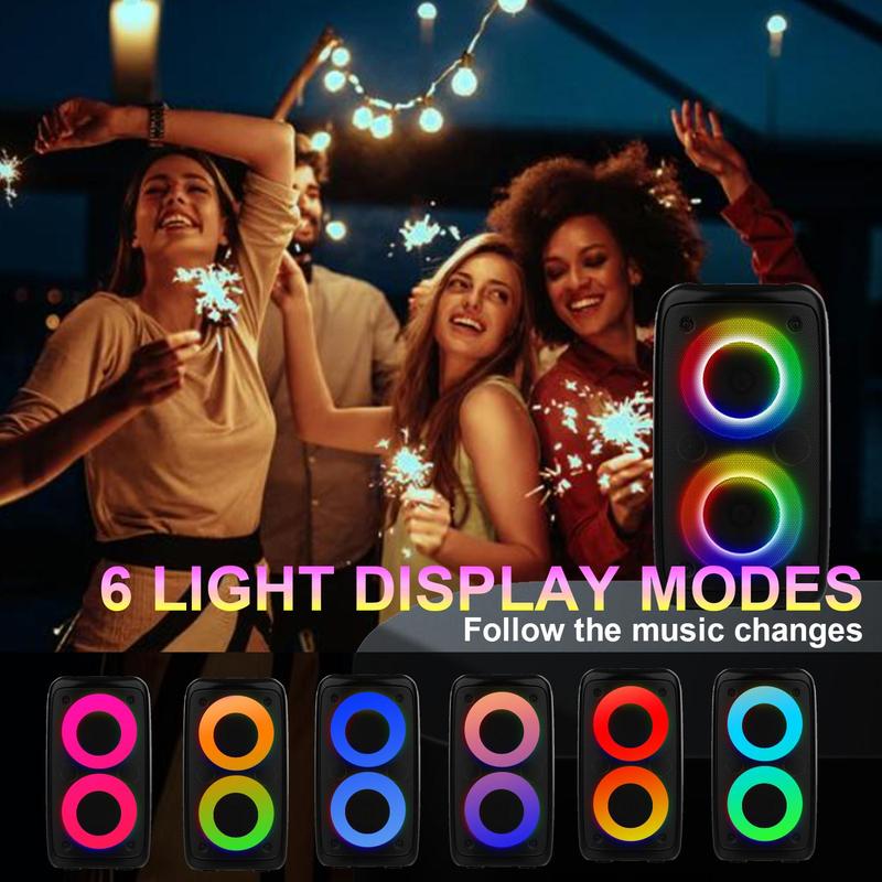 Portable Wireless Speaker with Microphone, Rechargeable Stereo Sound Sub Woofer Speaker with RGB Colorful LED Lights, Karaoke Machine Sound System