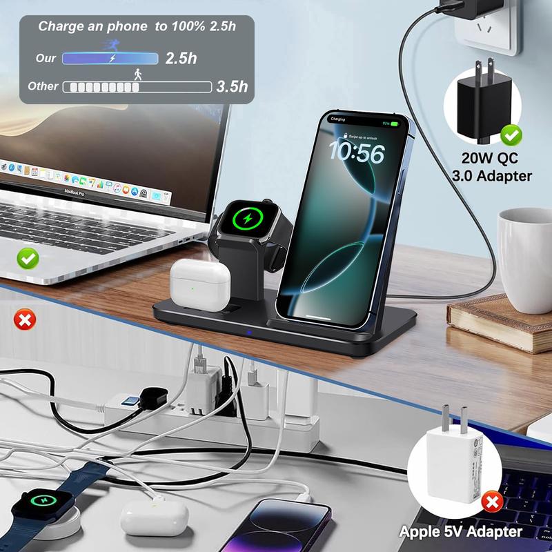 3 in 1 Charging Station for iPhone, Wireless Charger for iPhone 16 15 14 13 12 11 X Pro Max & Apple Watch - Wireless Charging Station for AirPods 4 3 Pro