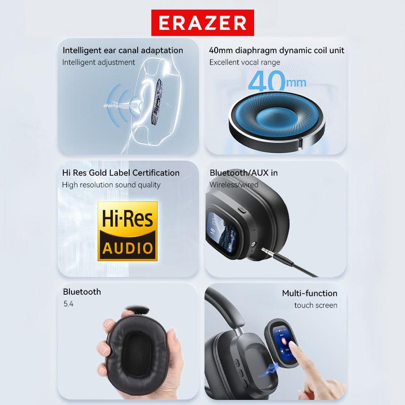 ERAZER TH10 ANC Noise Cancellation Wireless Bluetooth Headphones Touch Screen Headset HIFI Stereo Full-Color Display Multifunctional Earbuds Foldable with Built-in Microphone