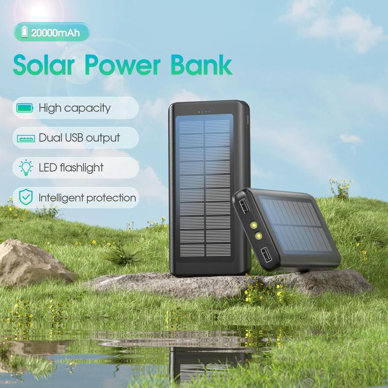 20000mAh Portable Solar Powered Power Bank, Lightweight Solar Powered External Battery Pack, Built-in Lighting Power Bank for Office & Travel