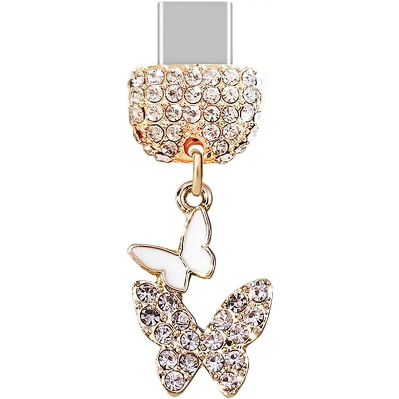 TP274 Type-C USB Charging Port Crystal Anti Dust Plug Little Double Butterflies Cell Phone Charm for Samsung Huawei OnePlus Xiaomi oppo Android Phones (White)