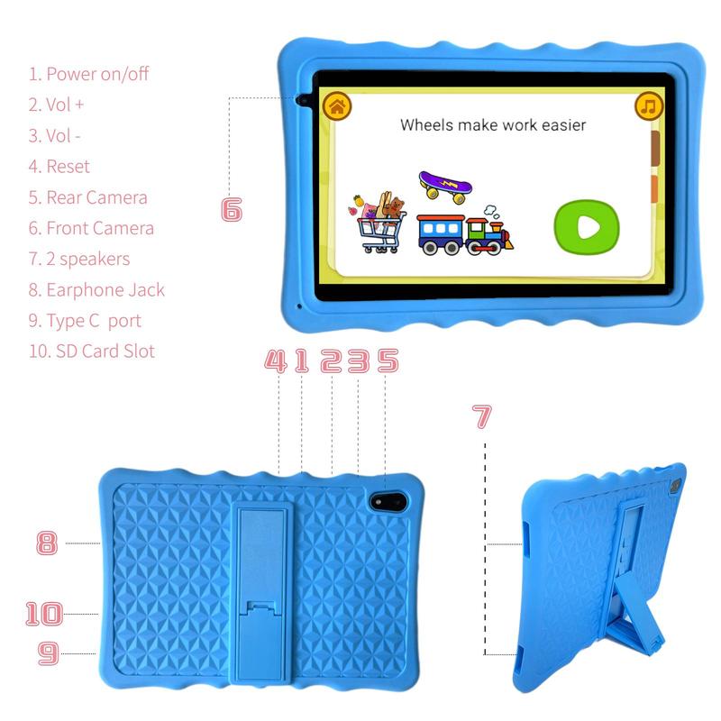 10.1 Inch Android Tablet, 64GB ROM Tablet with Silicone Protective Case, Parental Lock, Eye Protect HD Screen, Dual Camera, Montessori Education Toy