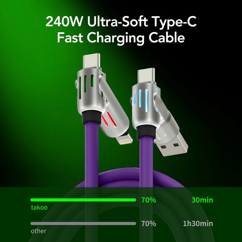 Christmas Promotion-Purple 4-in-1 USB Charging Cable, fastcharging cable MAX 240W USB A+ TYPE C + Lightning Multi national aluminum alloy cable management 240W suitable for iPhone 15 14 Samsung Galaxy,   USB-C Fast orange  charger