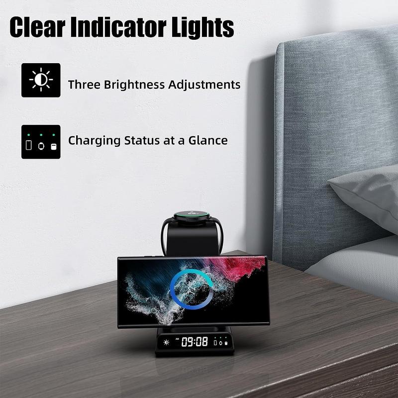 Wireless Charger for Samsung Charging Station, 3 in 1 Android Phone Trio Multiple Devices Charger for Samsung Galaxy S24 Ultra S23 Ultra Z Flip 6 Fold 6 Buds, Charger for Galaxy Watch 7 6 5 Pro 4 3   Smartphone Led Clock