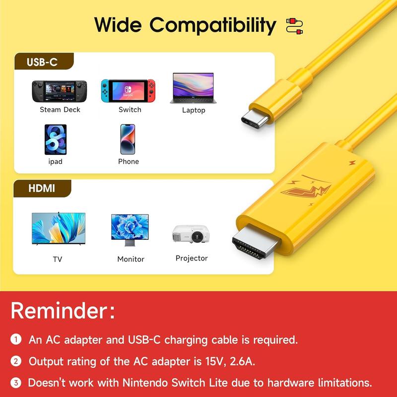 Jemdo Switch screen projection type-c to HDMI HD projection cable 4k laptop TV universal game console accessories,2m Portable Port