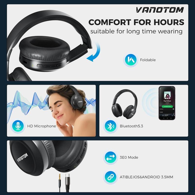 VANOTOM Wireless Headphone, Noise Cancellation Headphone, Wireless Headset for Gaming, Foldable Headphone for Phones, Computers, MP3, Fun Summer Gift, Electronics Audio Headphone Gift to return to school Back-to-School Gift