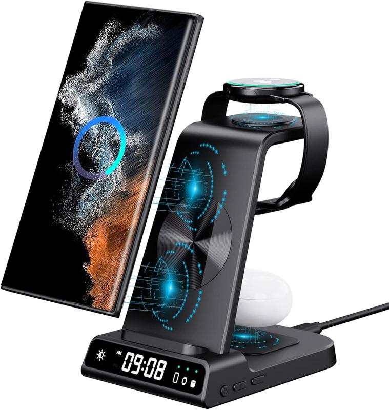 Wireless Charger for Samsung Charging Station, 3 in 1 Android Phone Trio Multiple Devices Charger for Samsung Galaxy S24 Ultra S23 Ultra Z Flip 6 Fold 6 Buds, Charger for Galaxy Watch 7 6 5 Pro 4 3   Smartphone Led Clock