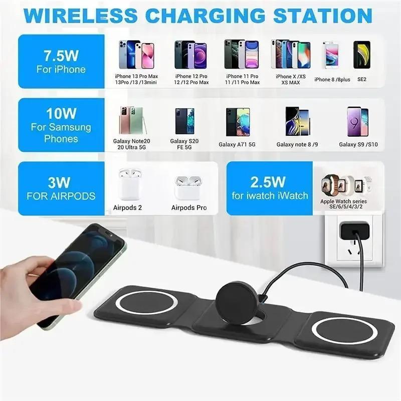 3-in-1 Wireless Charger, 1 Count Foldable Magnetic Travel Charger for Apple Watch, Multifunctional Wireless Charger for iPhone 15 14 13 12 Series & AirPods