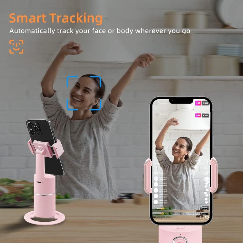 Auto Face Tracking Tripod, No App Required, Rechargeable Battery, 360° Rotation Phone Tracking Holder Face Body Phone Camera Mount for Live Vlog Streaming Video Chat - Pink