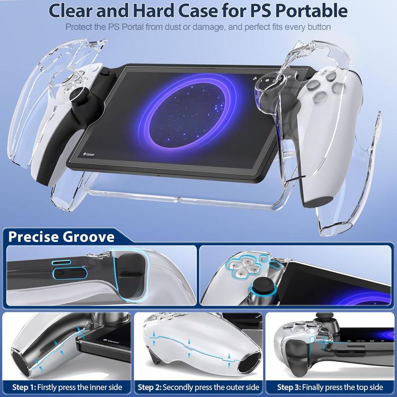 10 in 1 Bundle Accessories Kits for PS5 Portal Remote Player, Portable Hard Shell Carrying Case with Hard PC Clear Skin Cover, 2 Packs Tempered Glass Screen Protector & 4 Thumb Grips Included