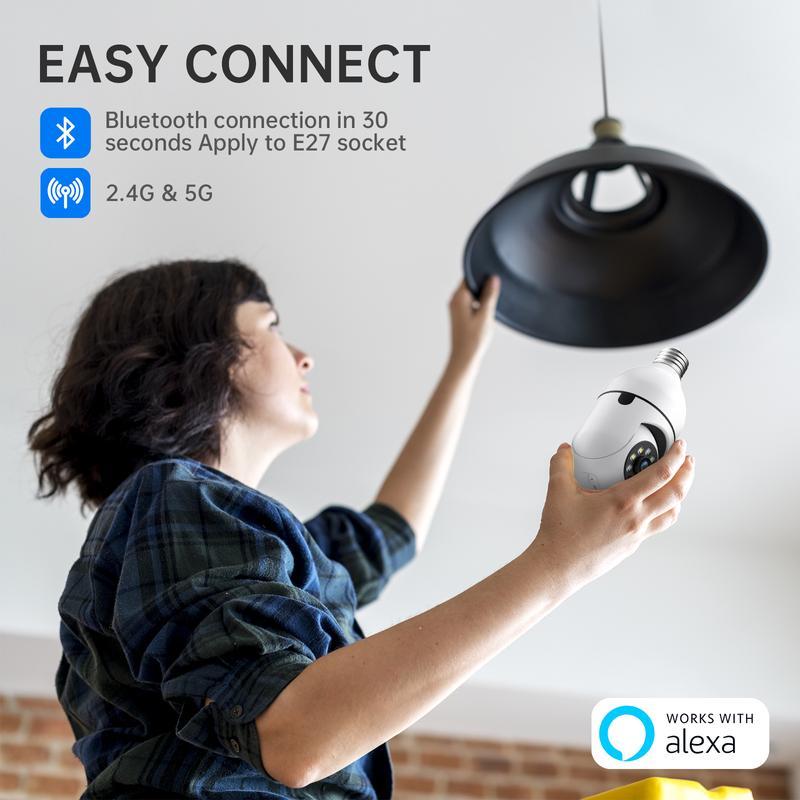 Wireless Light Bulb Security Camera, 5G&2.4GHz WiFi, 3MP HD, Infrared Night Vision, Pan Tilt, 2-Way Audio, Human Detection, Alexa Compatible, Micro SD, Time-Limited Offer, Christmas Gifts Halloween Gifts