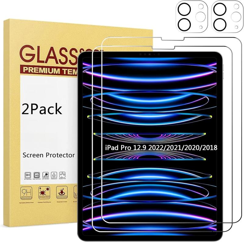 2 Pack Screen Protector for iPad Pro 12.9 2022 6th & 2021 5th 2020 4th Generation + Camera Lens Protector,Tempered Glass Anti-Scratch Case Friendly, Compatible with  ID  Pencil