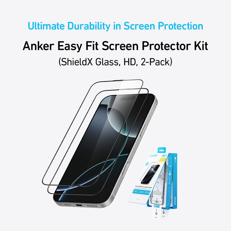 Anker Easy Fit HD Screen Protector Kit (2-Pack), Ultra-Durable and Thin ShieldX Protection, Dust-and Fingerprint-Free