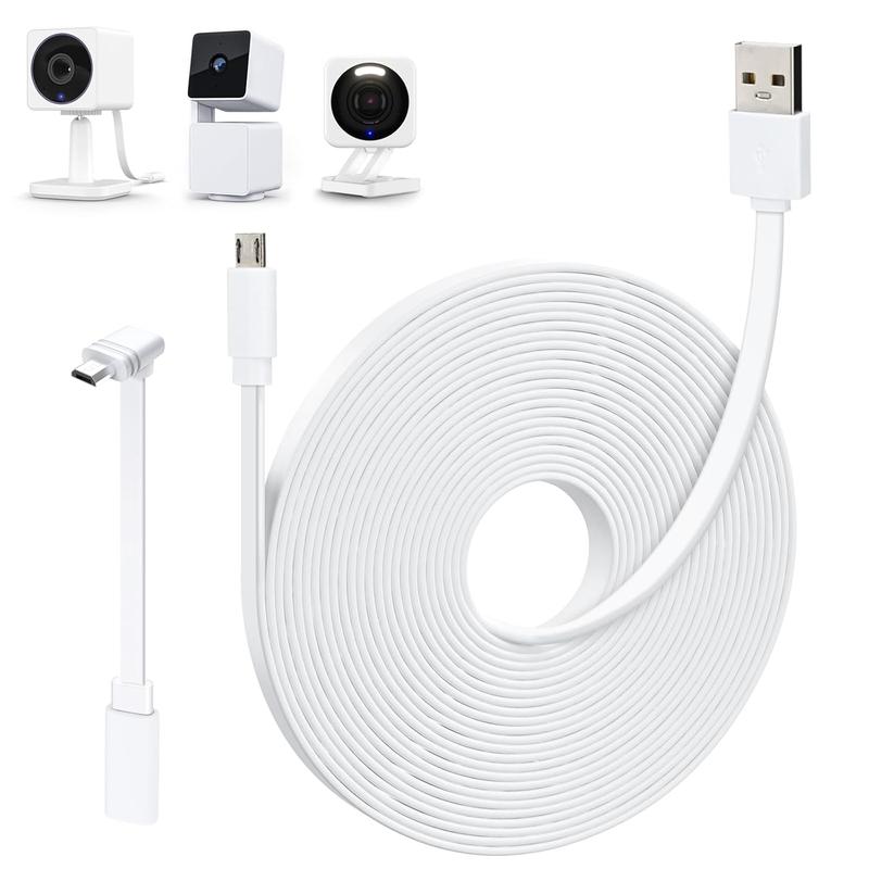 25FT Power Extension Cable Compatible with WYZE Cam OG, WYZE Cam V4 V3 V3 Pro, WYZE Cam Pan V3 V2, L-Shape Micro USB Extension Cable for WYZE Cam Pan, Weatherproof Flat Power Cord-White