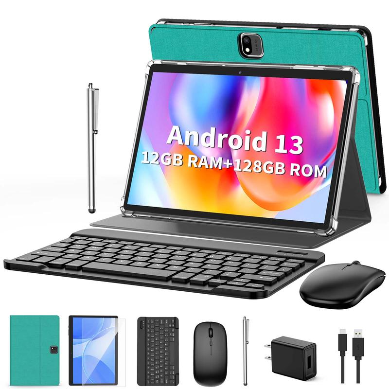 Relndoo Android 13 Tablet with 12(6+6)GB RAM+128GB ROM, and 1TB Expandable, 8 in 1 Tablet with Keyboard, Case, Mouse, Stylus, 10.1 inches, 6000mAh Battery, 2.4G 5G WiFi