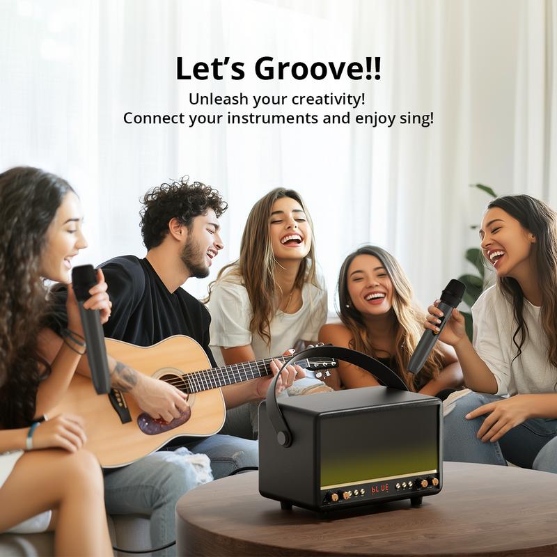 Lyridz 80W Portable Karaoke Speaker Wireless Bluetooth Speaker Retro Audio with Two Microphones Light Effects Deep Bass REC HI-FI OTG DSP Guitar for Home Party, Smartphone