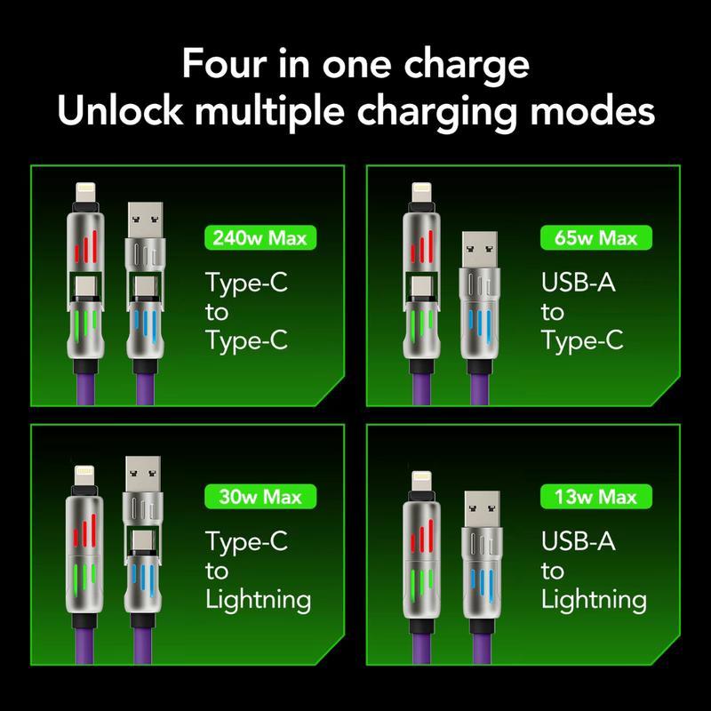 Christmas Promotion-Purple 4-in-1 USB Charging Cable, fastcharging cable MAX 240W USB A+ TYPE C + Lightning Multi national aluminum alloy cable management 240W suitable for iPhone 15 14 Samsung Galaxy,   USB-C Fast orange  charger