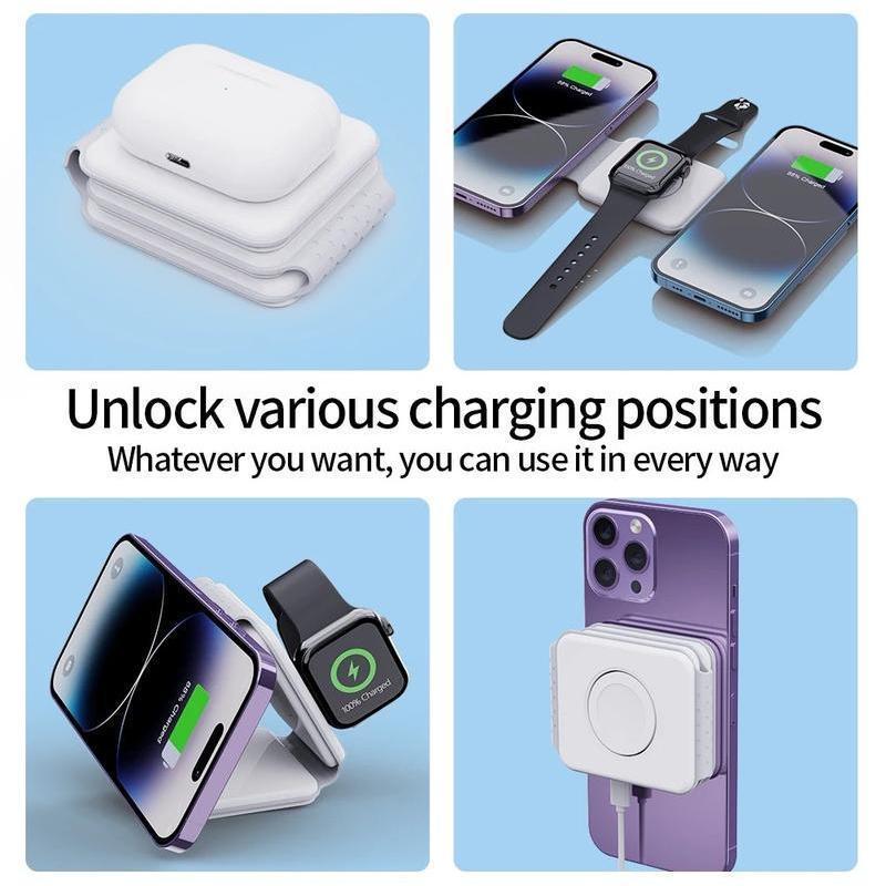 3-in-1 Wireless Charger, 1 Count Foldable Magnetic Travel Charger for Apple Watch, Multifunctional Wireless Charger for iPhone 15 14 13 12 Series & AirPods