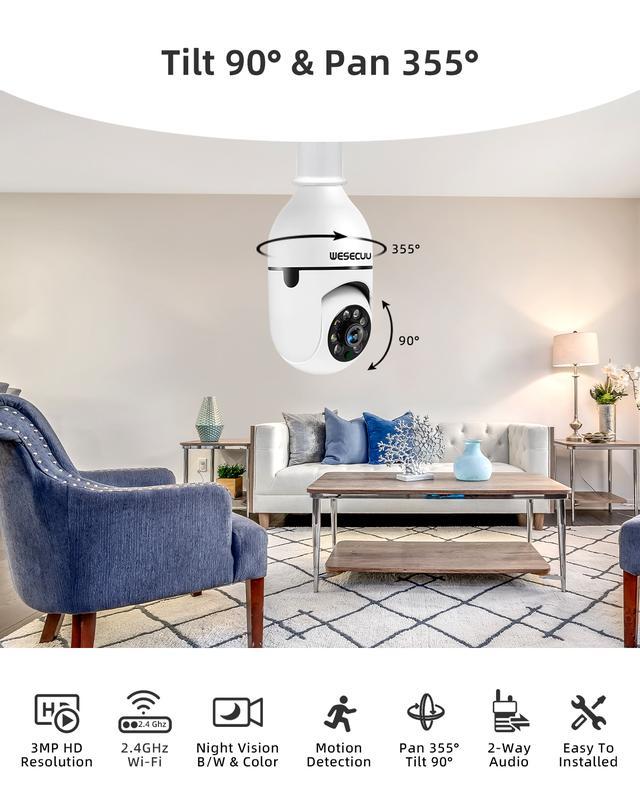 Wireless Light Bulb Security Camera, 5G&2.4GHz WiFi, 3MP HD, Infrared Night Vision, Pan Tilt, 2-Way Audio, Human Detection, Alexa Compatible, Micro SD, Time-Limited Offer, Christmas Gifts Halloween Gifts