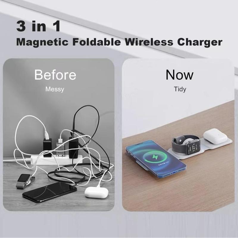 3-in-1 Wireless Charger, 1 Count Foldable Magnetic Travel Charger for Apple Watch, Multifunctional Wireless Charger for iPhone 15 14 13 12 Series & AirPods