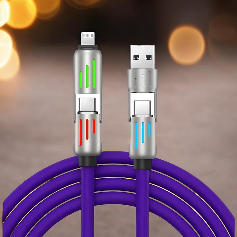 Christmas Promotion-Purple 4-in-1 USB Charging Cable, fastcharging cable MAX 240W USB A+ TYPE C + Lightning Multi national aluminum alloy cable management 240W suitable for iPhone 15 14 Samsung Galaxy,   USB-C Fast orange  charger