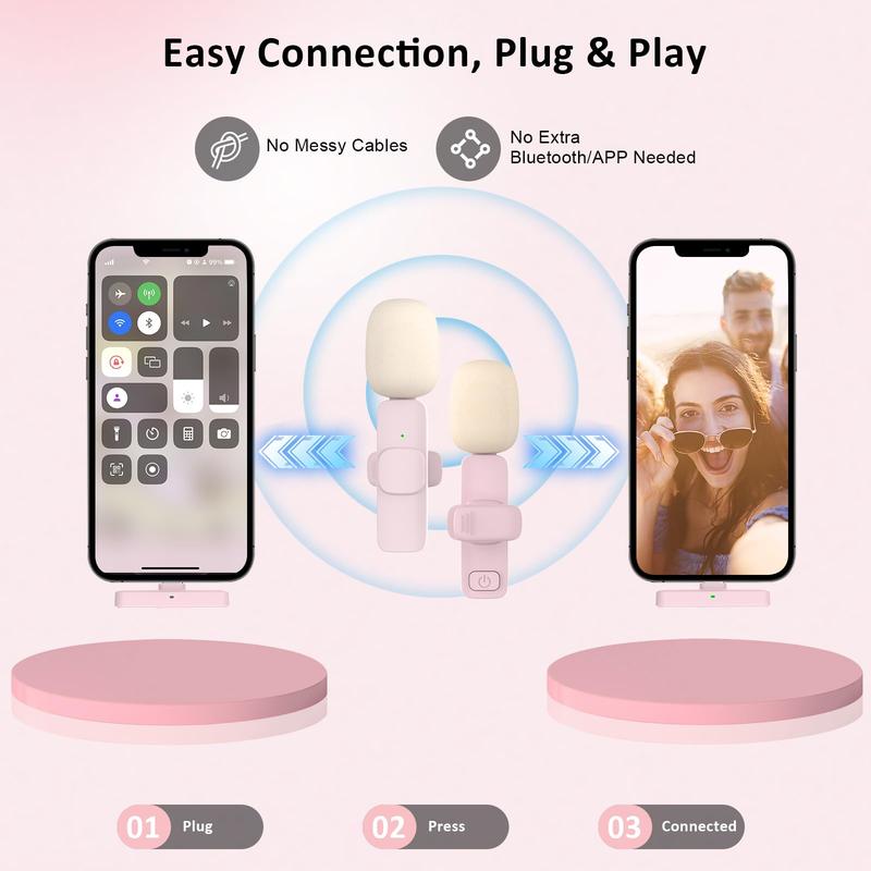 2 pcs Wireless Lavalier Microphones for iPhone, Android, iPad - Mini Wireless Clip-on Microphones Crystal Clear Sound Quality for Recording, Live Streaming,Vlog Audio Lightning Usb Port Smartphone