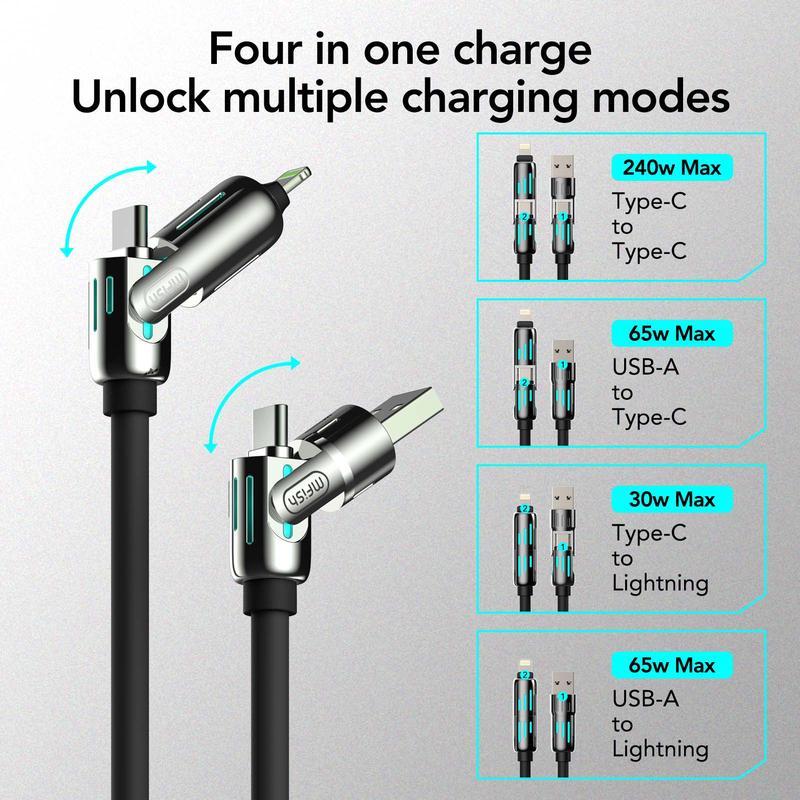 PQRQP 240W 4-in-1 Multi USB Charging Cable with USB A,Type C,Lightning port,MAX Fast Charging &Data Sync for iPhone 16 15, iPad,Samsung Android& Laptops