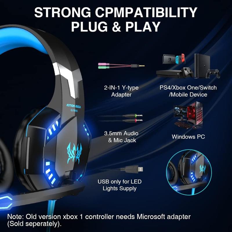 G2000 Gaming Headset with Bass Surround Noise Cancelling Mic for PS5 PS4 Xbox One Controller, Over Ear Headphones for PC Games Audio Electronic Earbud