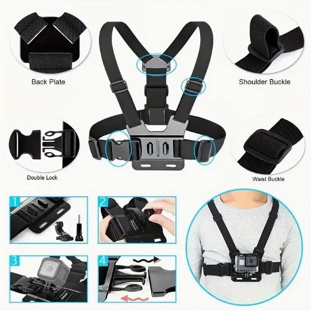 Adjustable Chest Strap Belt for Most Sports Cameras - Mobile Phone Chest Mount Harness for Hands-Free Photography - Stand