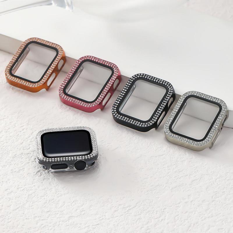 Rhinestone Decor Watch Case, 2 In 1 Ultra-thin Tempered Glass Screen Protector Watch Case, Compatible With Apple Watch Case 38 40 41 42 44 45mm, iWatch Series SE 9 8 7 6 5 4 3 2 1, Intelligent Watch Case Accessories