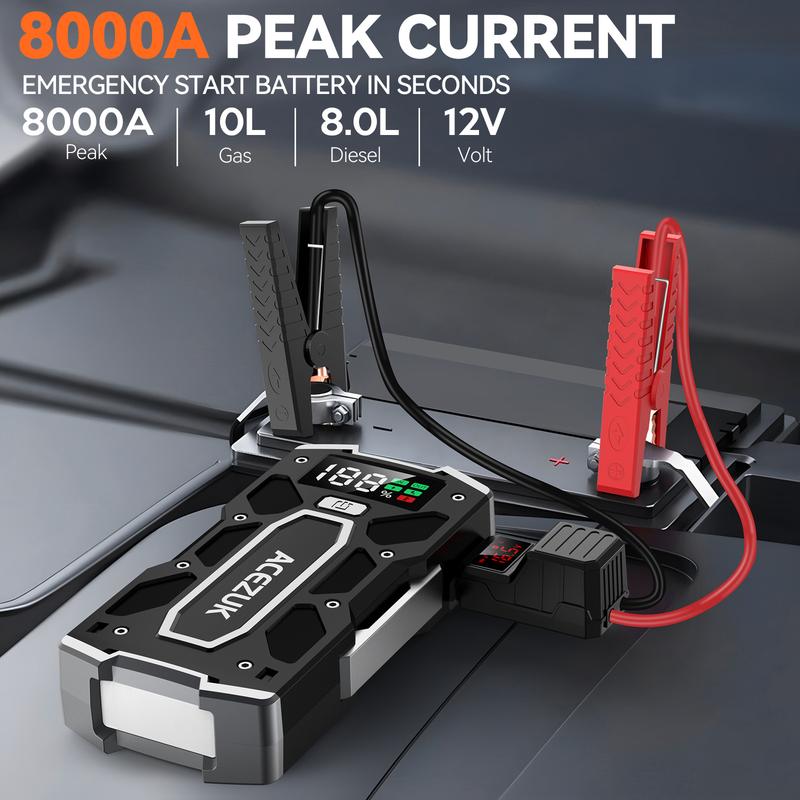 8000A Peak Jump Starter （10.0 Gas 8.0L Diese)   Multi-Function Car Backup Battery Jump Starter with Jump Box, Light, and USB Port. Jump Starter