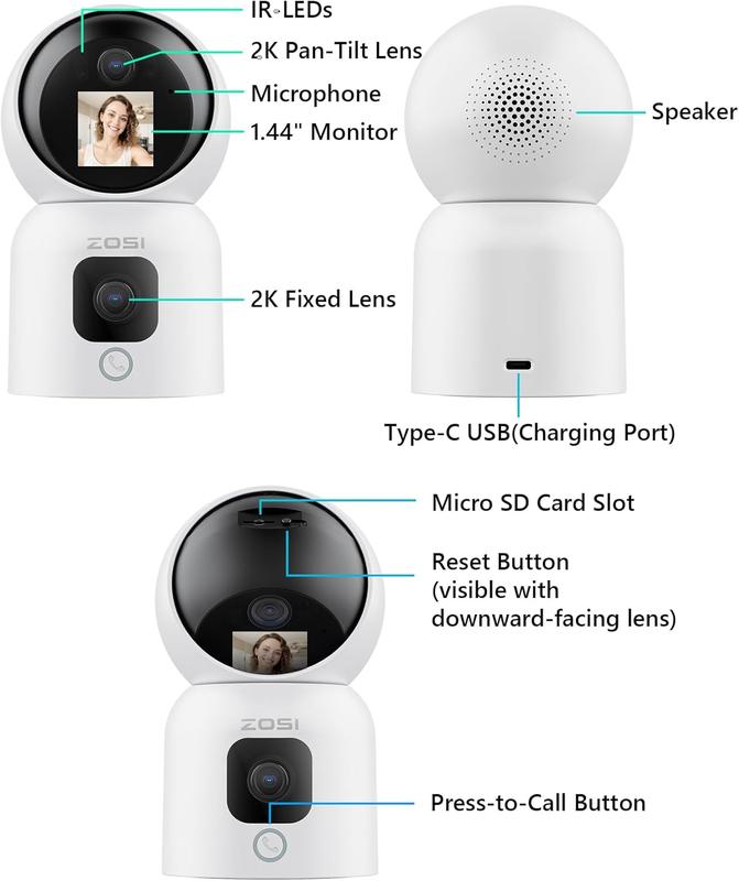 ZOSI 2K Dual-Lens Indoor Security Camera, Two-Way Video, Gesture One-Touch Calling, Human Motion Tracking, C528M 360° Views Pan Tilt Home Baby Pet Dog Monitor, 2.4G 5G Dual-Band WiFi, Plug-in motion detection