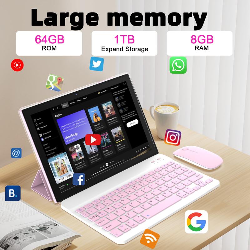 10.1 inch Android 12 tablet, newest 2 in 1 Tablets, 4GB RAM + 64GB ROM quad-core processor, 1280*800 FHD tableta with keyboard mouse Case stylus tempered film, 8MP dual camera 6000mAh battery 10 