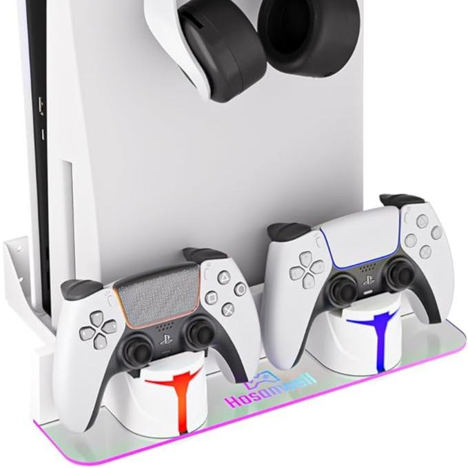 PS5 Wall Mount Kit with Charging Station, Compatible with PS5 pro and Slim Disc, PS5 Digital Edition&Normal version, Dual Purpose Charging Station with Multi-Mode RGB Light,playstation5 Stand Smartphone Controllers game stick ps5 retro game console