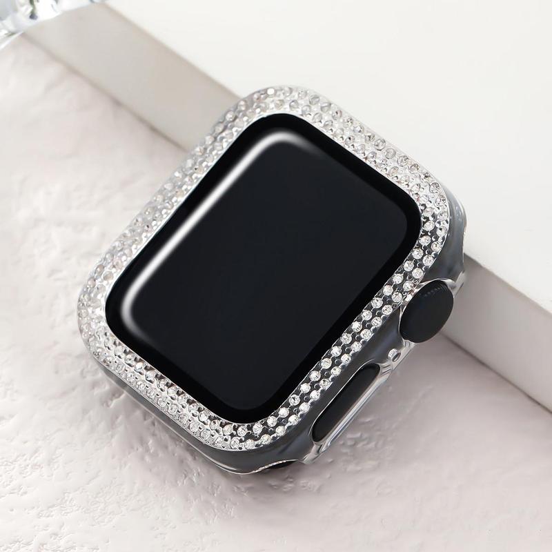 Rhinestone Decor Watch Case, 2 In 1 Ultra-thin Tempered Glass Screen Protector Watch Case, Compatible With Apple Watch Case 38 40 41 42 44 45mm, iWatch Series SE 9 8 7 6 5 4 3 2 1, Intelligent Watch Case Accessories